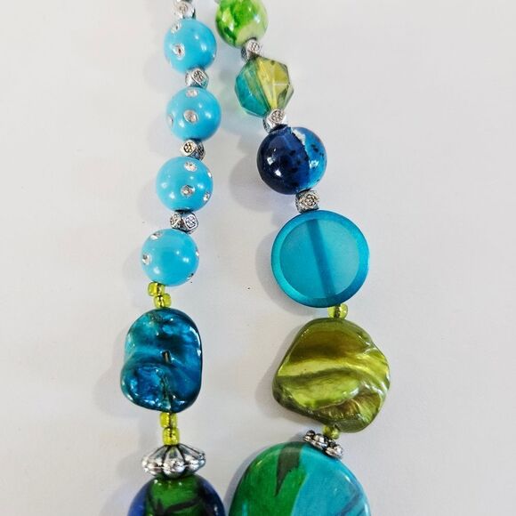 Chunky Double Strand Art Glass Blue Silver Accent Beaded Statement Bib Necklace - Picture 3 of 7